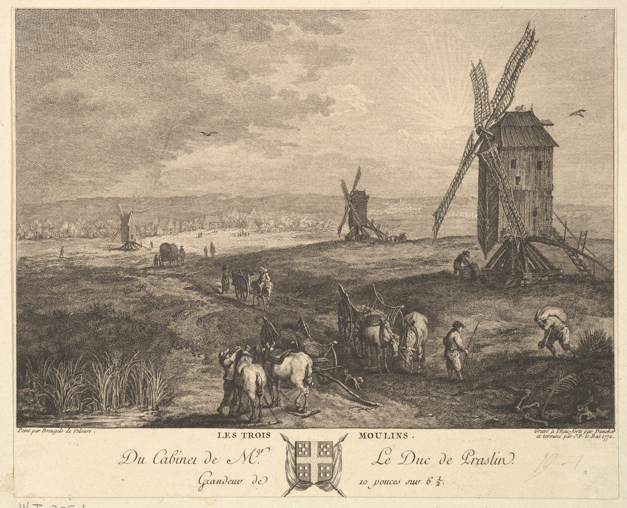 De tre väderkvarnarna Les Trois Moulins efter en målning i samlingen av Duc de P..., 1772 av Balthasar Anton Dunker