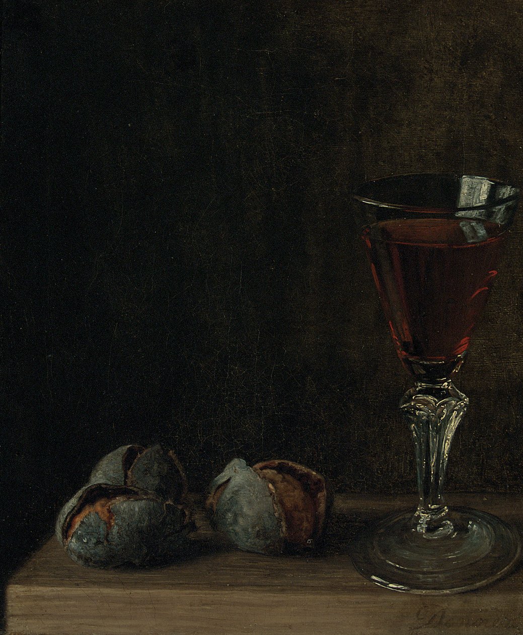 Ett glas vin med valnötter på ett bord av Balthasar Denner