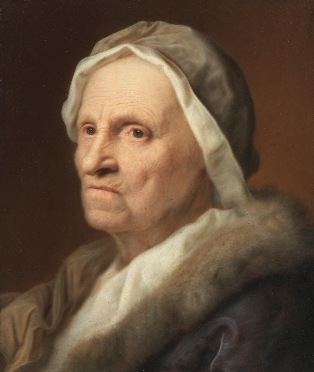 Porträtt av en gammal kvinna i päls av Balthasar Denner