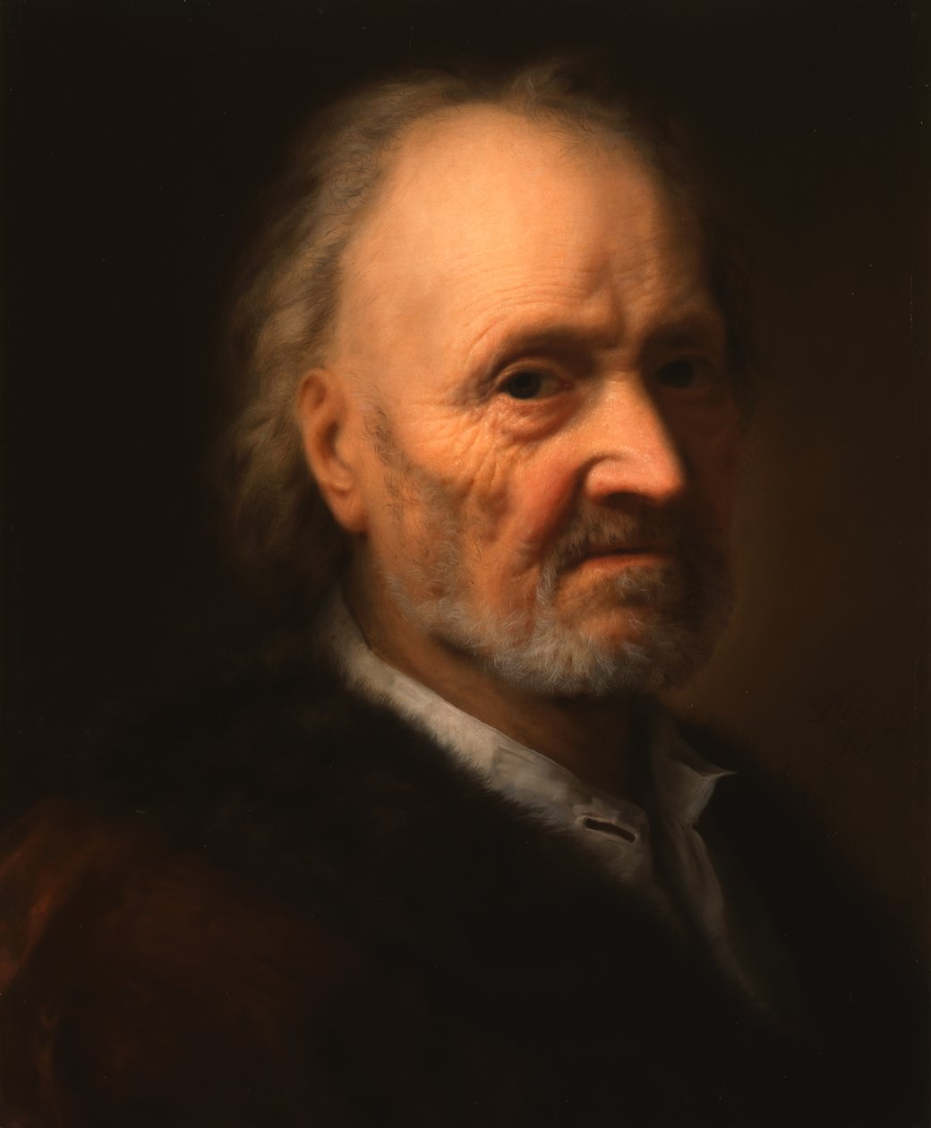 Porträtt av en äldre man i en pälsfodrad kappa av Balthasar Denner