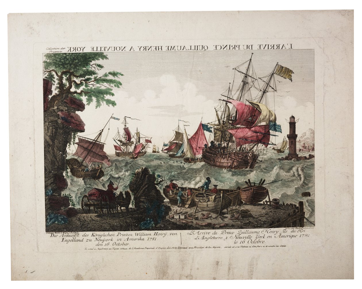 Prins William Henrys ankomst till New York, ca 1781 (handfärgad gravyr) av Balthasar Friedrich Leizel