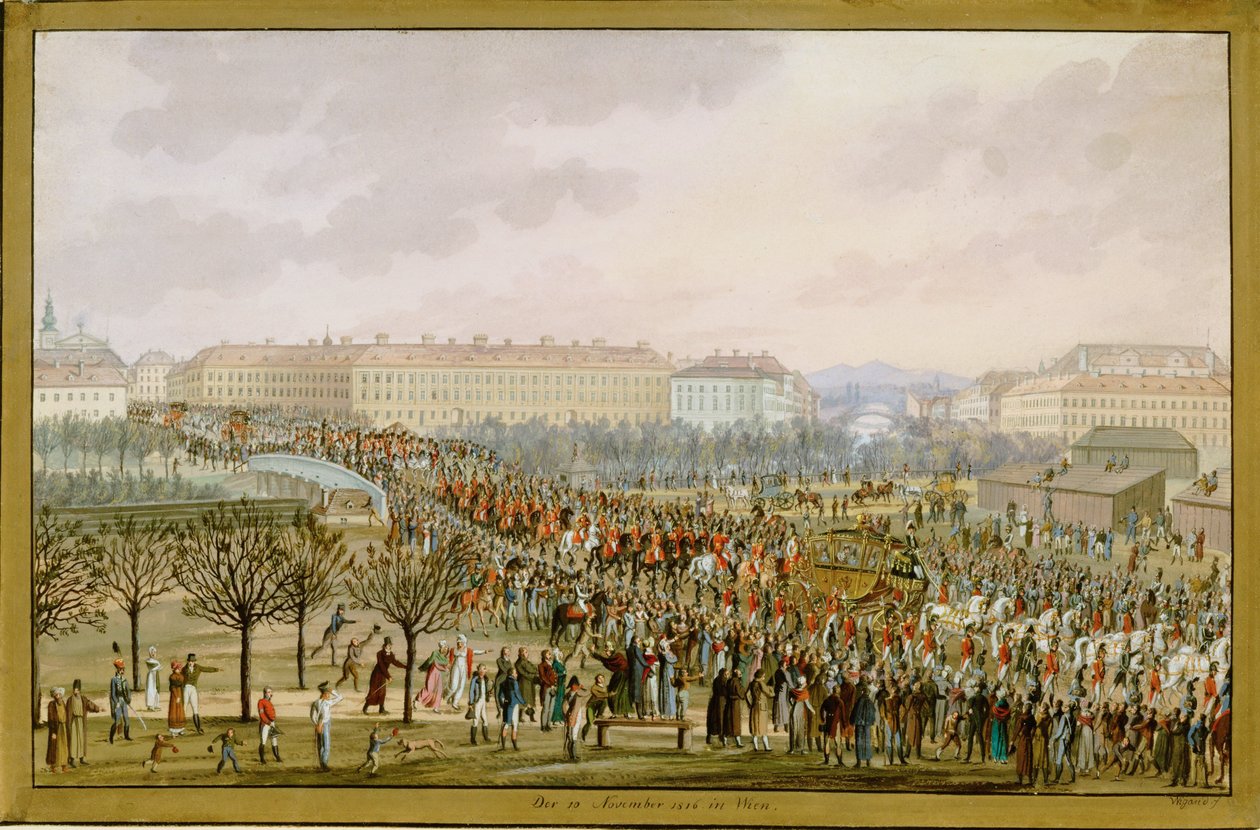 Kejsarinnan Karoline Augusta, fjärde hustru till kejsar Frans I, anländer till Wien den 10 november ... (gouache) av Balthasar Wigand