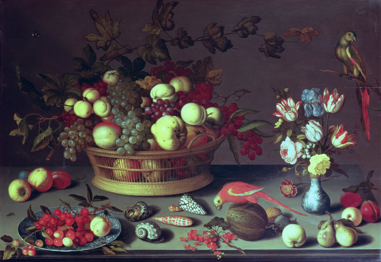 En korg med vindruvor och annan frukt (olja på panel) av Balthasar van der Ast