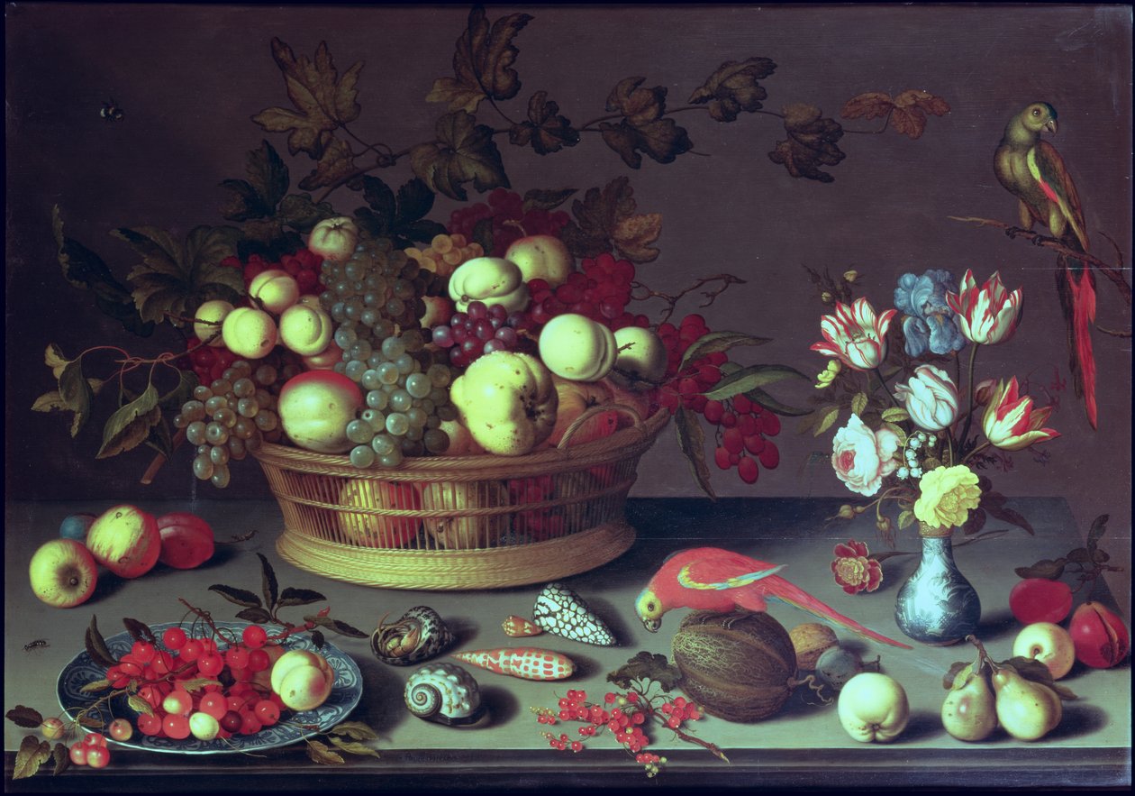 En korg med vindruvor och annan frukt av Balthasar van der Ast