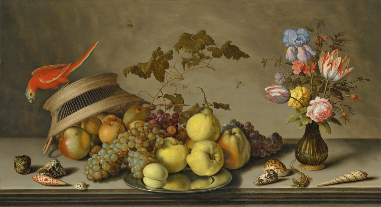 En undulat på en uppochnedvänd korg, med frukt, en tennplatta, en vas med blommor, insekter, en ödla och snäckor på en stenavsats av Balthasar van der Ast
