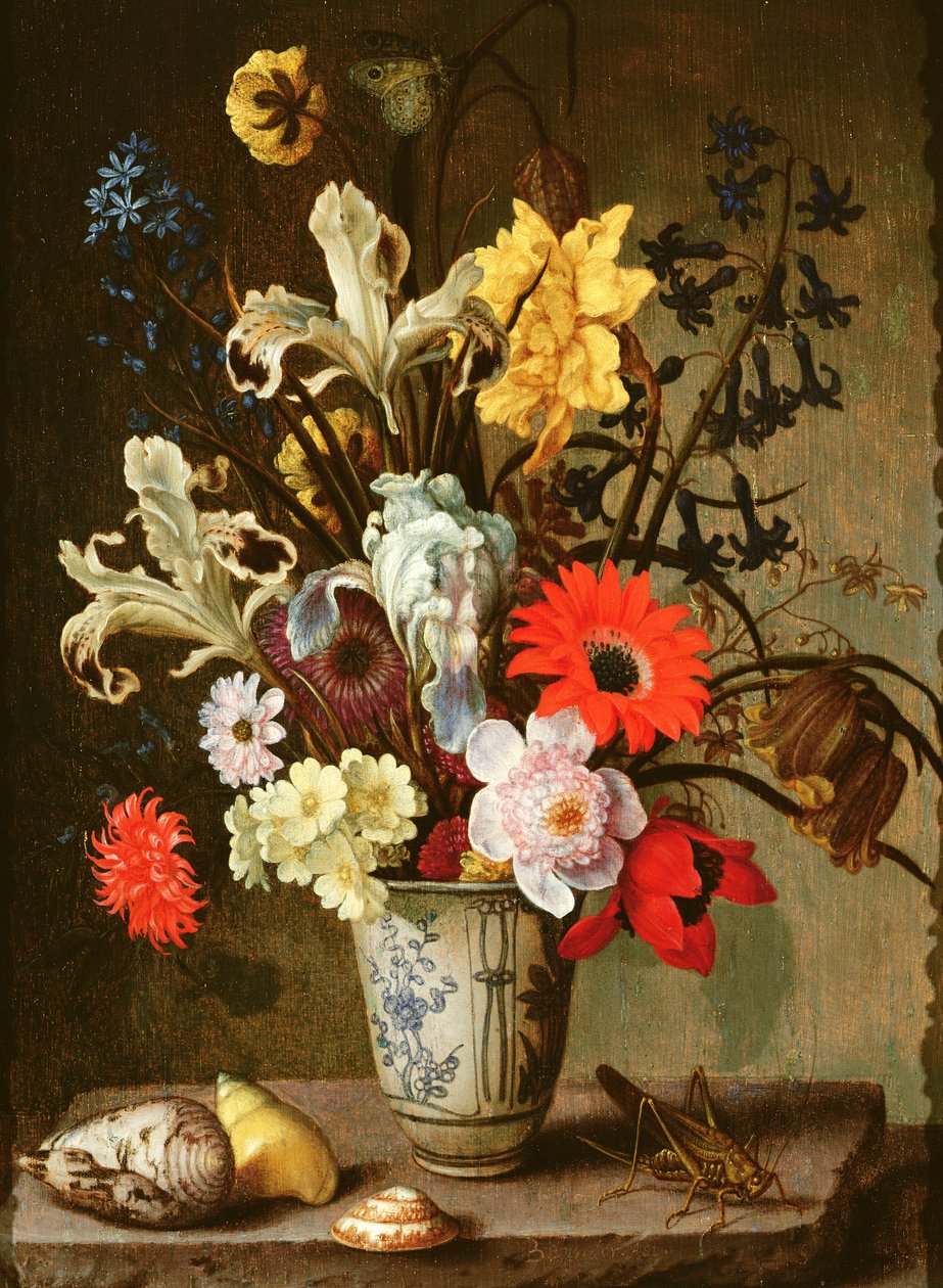 Blomstudie med bägare, gräshoppa och snäckskal (olja på panel) av Balthasar van der Ast