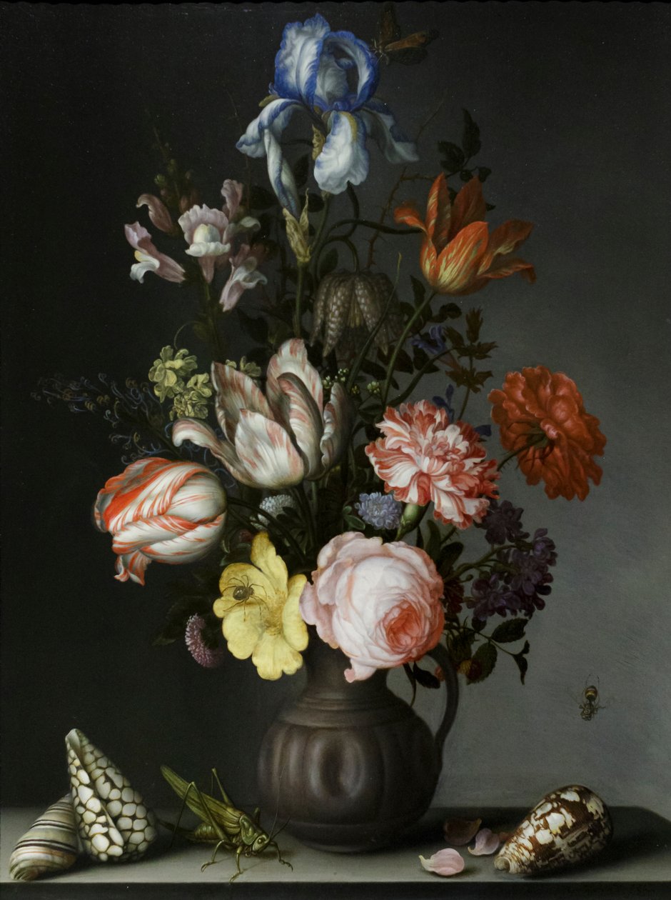 Blommor i vas med snäckor och insekter, ca 1630 (olja på ek) av Balthasar van der Ast