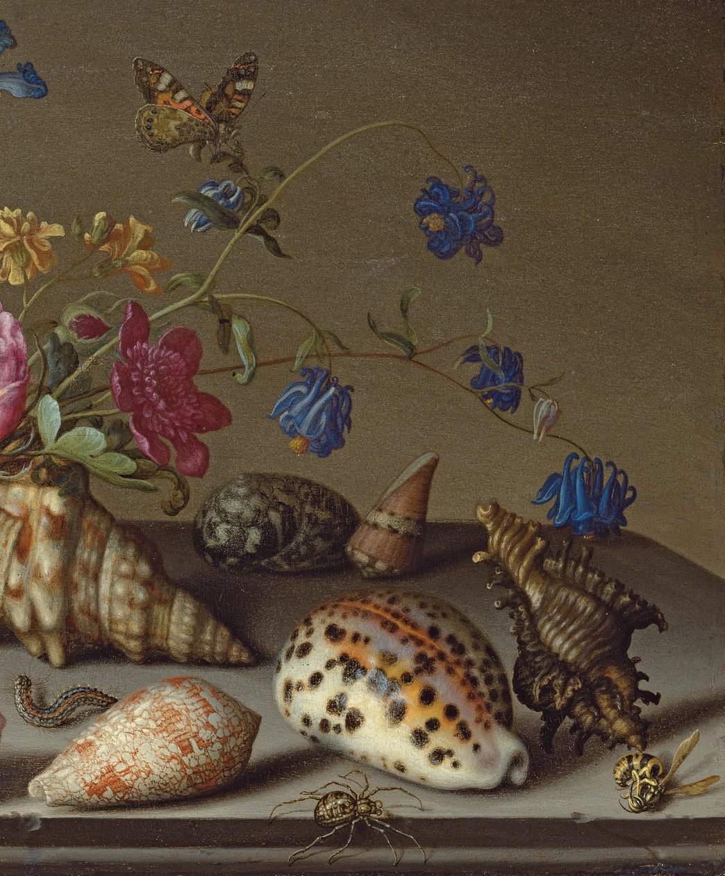 Blommor, snäckor och insekter på en stenkant av Balthasar van der Ast