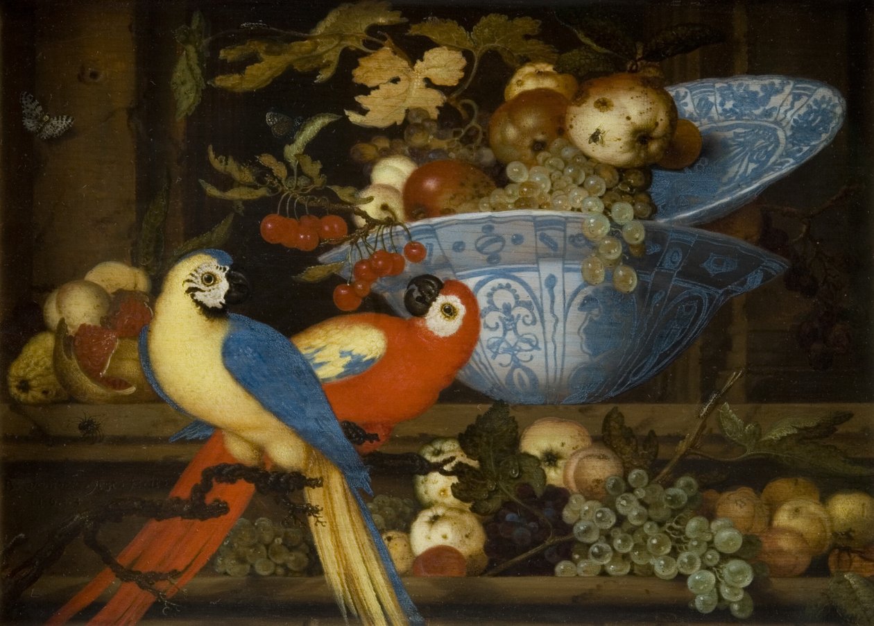 Fruktstilleben med två papegojor av Balthasar van der Ast