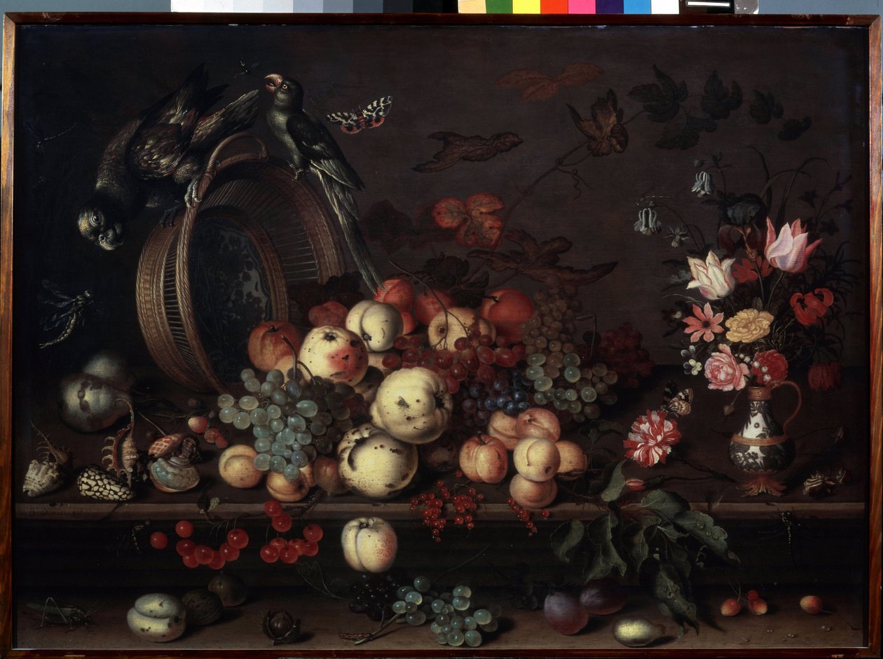 "Stilleben med frukter, blommor och papegojor" (även kallat "Stilleben med frukter, snäckor och insekter") Målning av Balthasar van der Ast (1593/4-1657 ) omkring 1620 Mått 75x104 cm Ermi Museum av Balthasar van der Ast