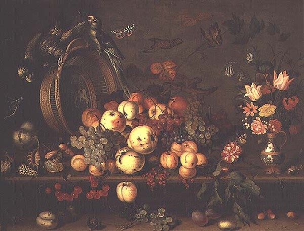 Stilleben med frukt, blommor och papegojor, tidigt 1620-tal (panel) av Balthasar van der Ast