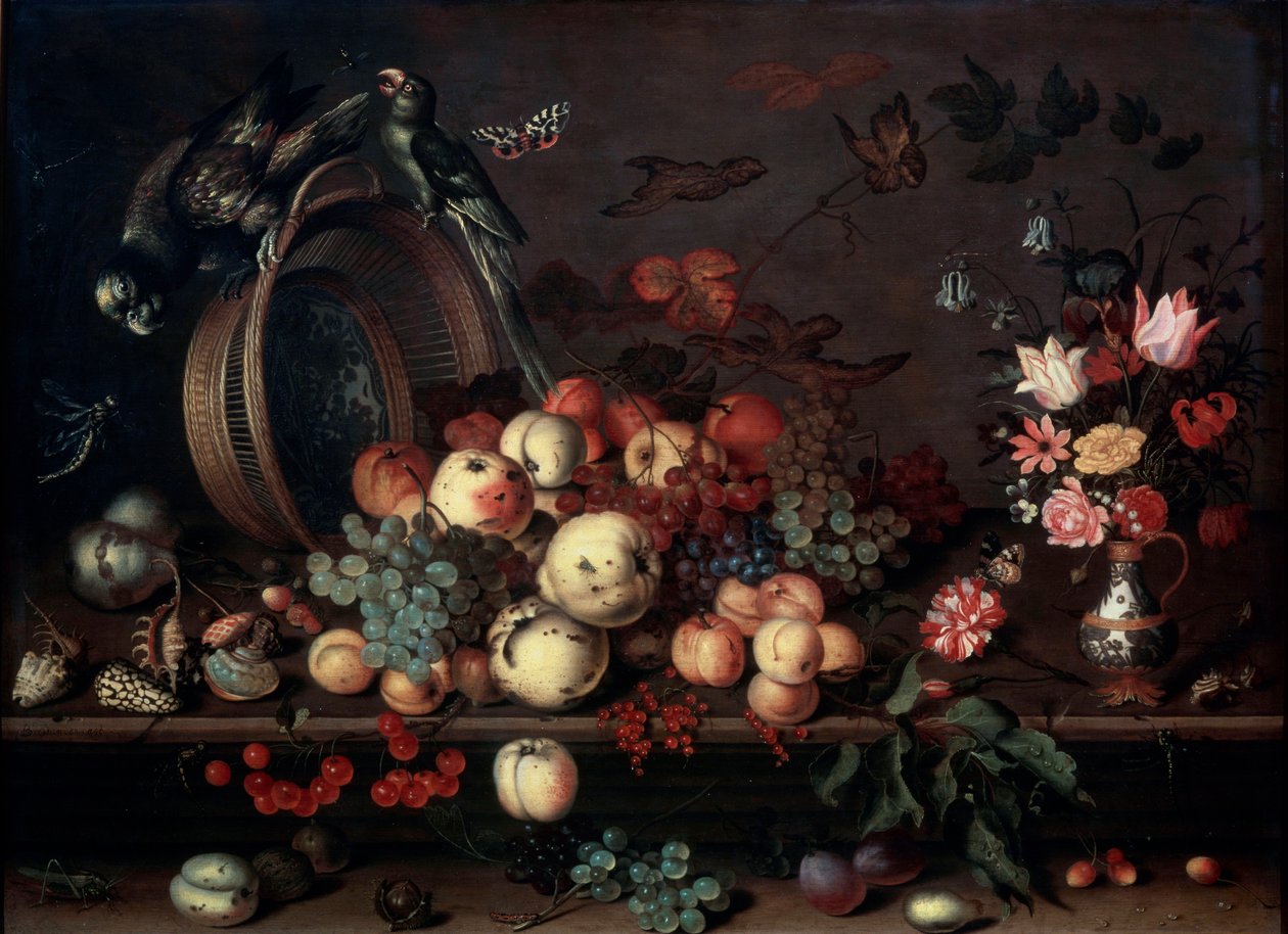Stilleben med frukter, blommor och papegojor, 1620-talet av Balthasar van der Ast