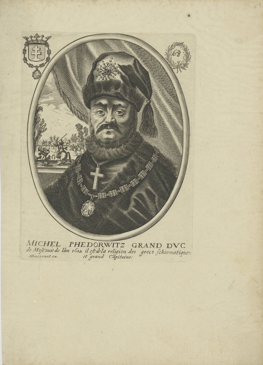Porträtt av tsaren Michail I Fjodorovich av Ryssland 1596-1645, um 1640-1650. av Balthazar Moncornet
