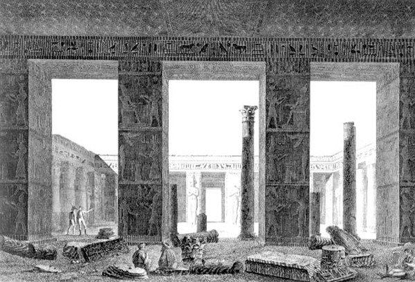 Interiörvy av peristylen av palatset, Medynet-Abon, Thebe, skylt 14 från volym II av `Descriptions of Egypt`, graverad av Reville, pub. under Napoleons order av Balzac (after)
