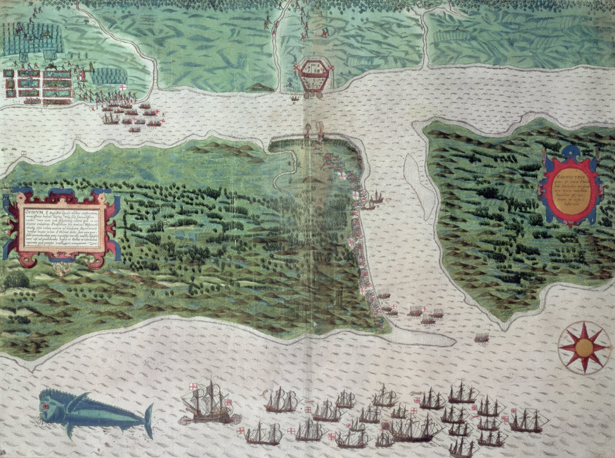 Karta som visar förstörelsen av den spanska kolonin St. Augustine i Florida den 7 juli 1586 av den engelska flottan under befäl av Sir Francis Drake (1540-96) 1589 (handfärgad gravyr) av Baptista Boazio