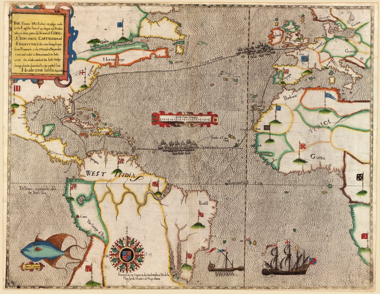 Route of Drakes resa över Atlanten, 1586 av Baptista Boazio