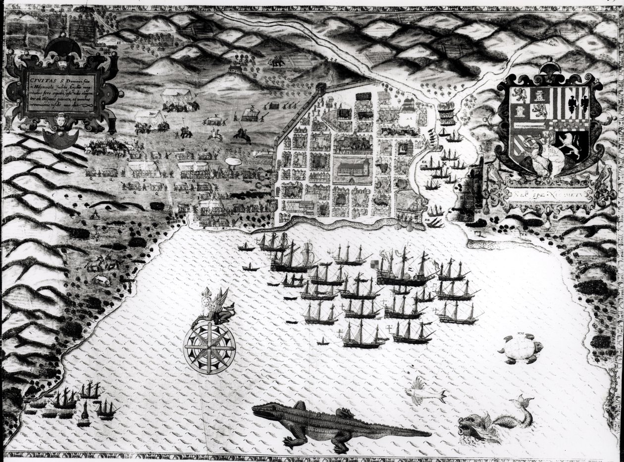Santiago, Kap Verde, 1589 (handfärgad gravyr) av Baptista Boazio