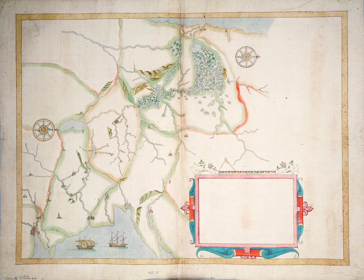 Centralirland, Dublin till Sligo, ca 1600 (lagd på linne) av Baptista Boazio