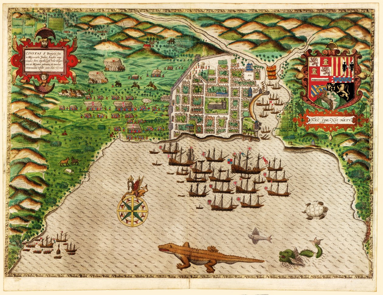Domingo, från Drakes West Indian Voyage 1585 - 86, pub. 1589 (handfärgad gravyr) av Baptista Boazio