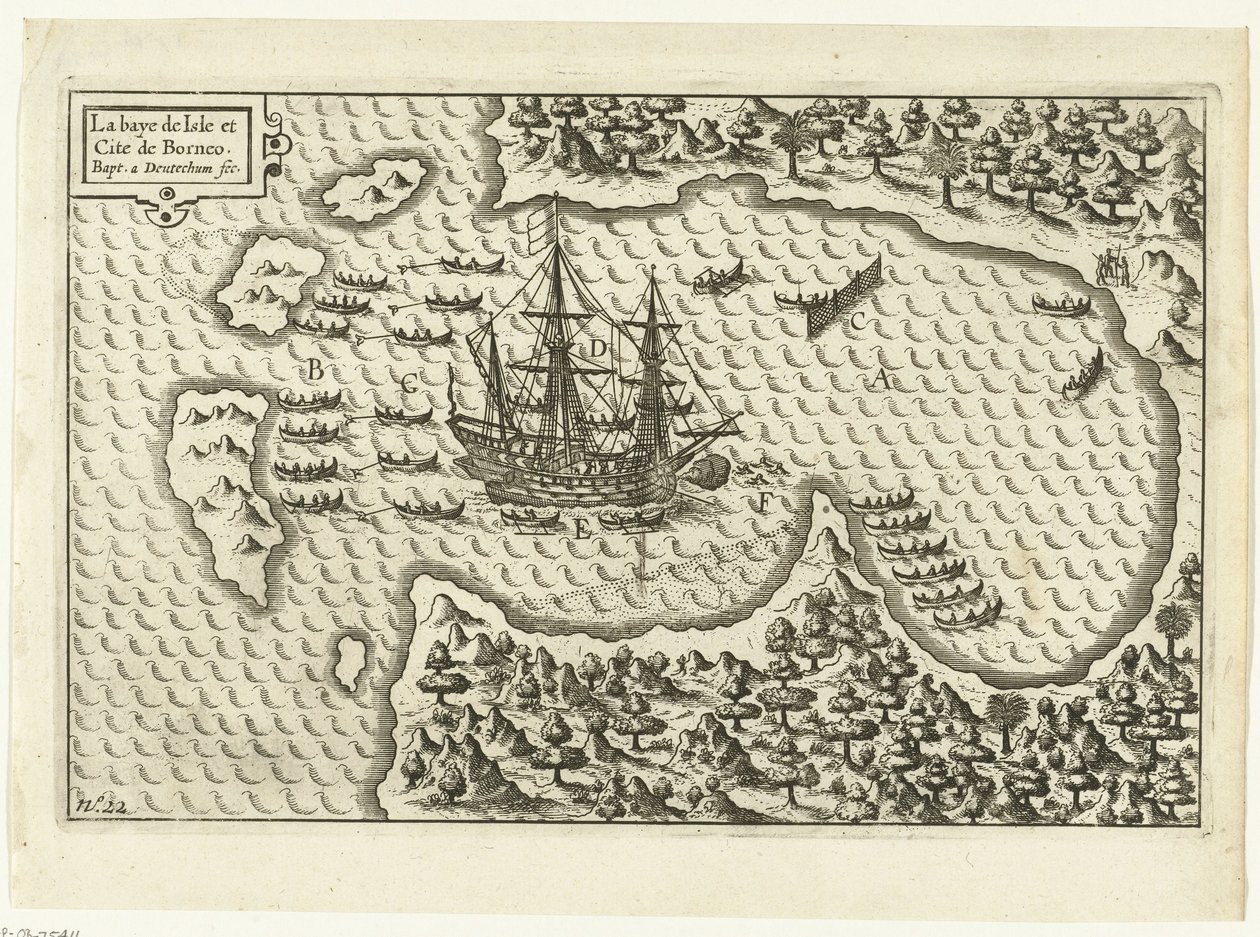 Ankomst till Borneo, 1600 La baye de Isle et Cite de Borneo (titel på föremål), RP-P-OB-75.411 av Baptista van Doetechum