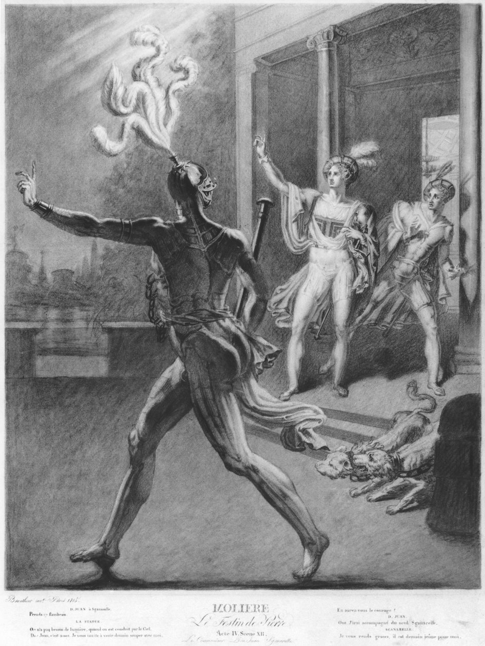 Don Juan and the Commendatore, illustration från akt IV, scen 12 av Don Juan, eller Le Festin de Pierre av Moliere, 1815 (bw-foto) av Barathier