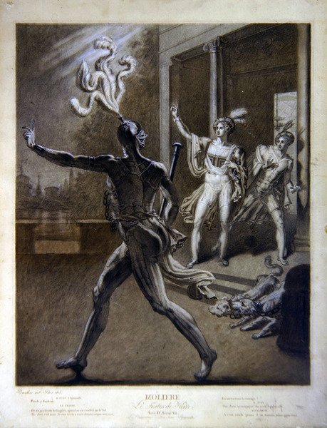Don Juan och Commendatore, illustration från akt IV, scen 12 av "Don Juan, eller Le Festin de Pierre" av Moliere av Barathier Barathier