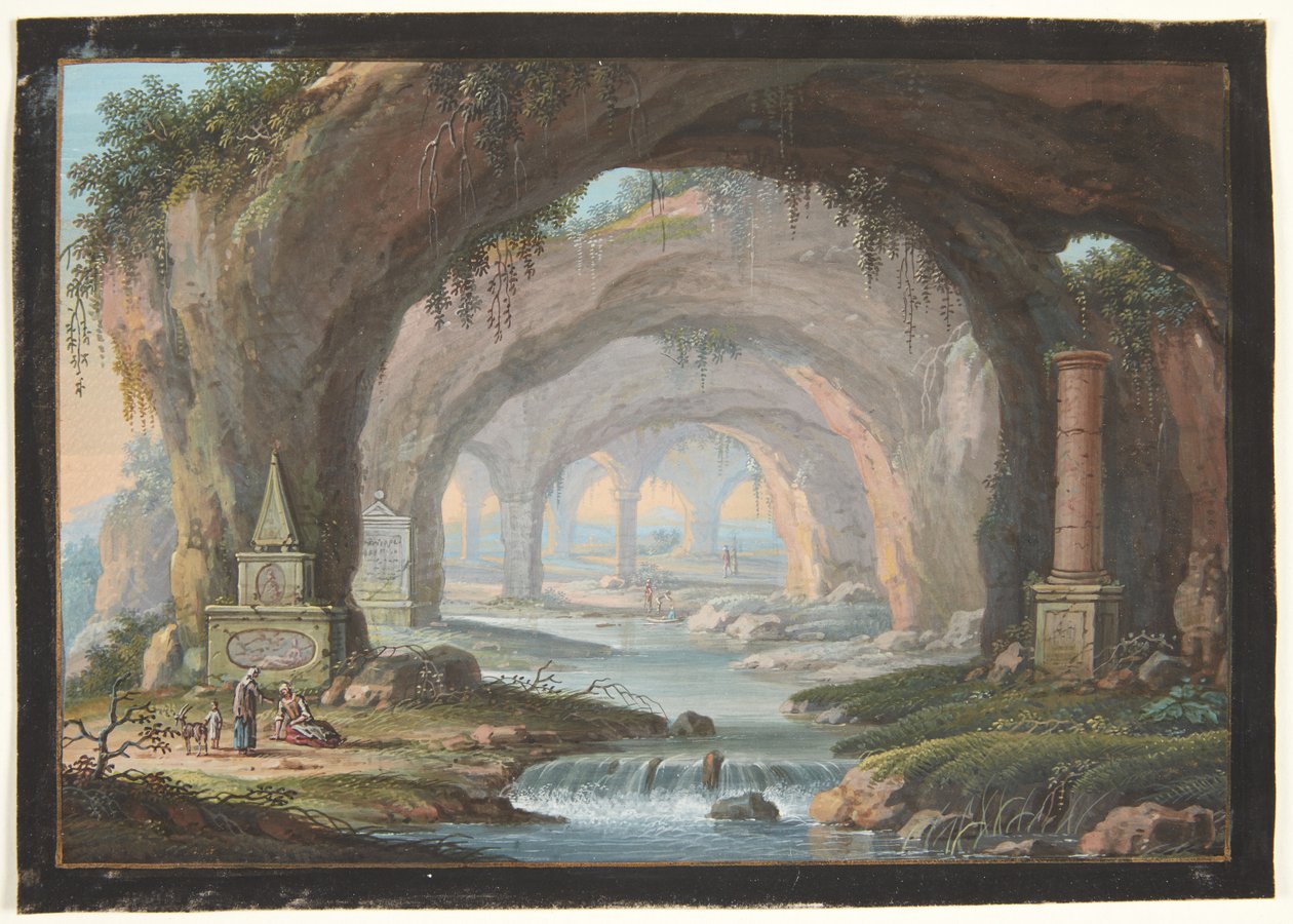 Landskap med genomborrade grottor, gravmonument, en flod och figurer av Barbara Dietzsch