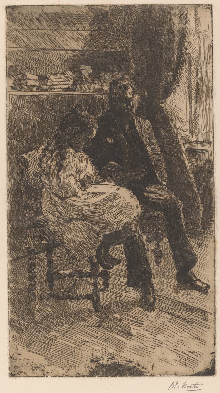 Interiör med en man och en flicka som läser en bok tillsammans av Barbara Elisabeth van Houten (signed by artist)
