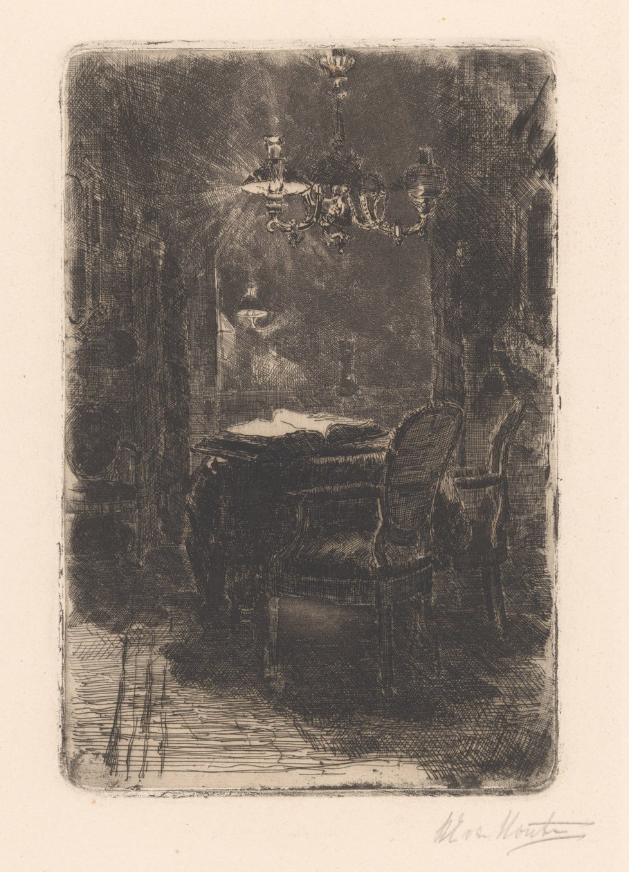 Inredning med spegel och bord med öppen bok av Barbara Elisabeth van Houten (signed by artist)