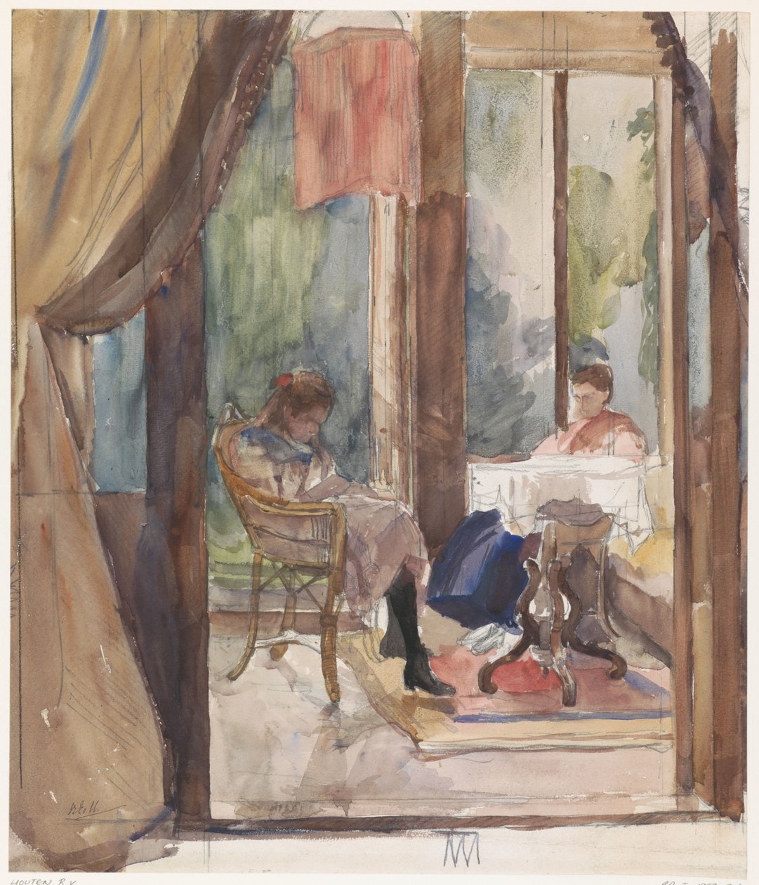 Dam och en ung flicka, båda läser i vinterträdgården i huset på Riouwstraat 6, i Haag av Barbara Elisabeth van Houten