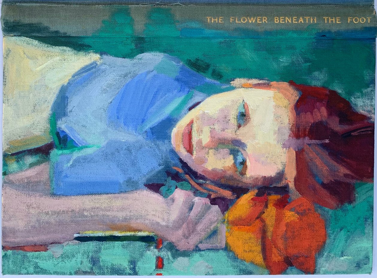 Blomma under foten, 2022 (olja på antikt linnebokomslag) av Barbara Hoogeweegen