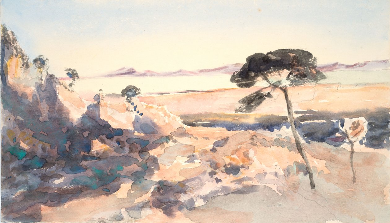 Landskap: Träd med rosa berg (akvarell och grafit på vävt papper) av Barbara Leigh Smith Bodichon