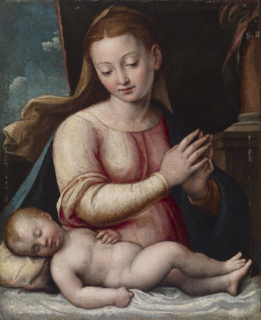 Madonna Adoring the Child, ca 1580-1600 (olja på duk monterad på panel) av Barbara Longhi