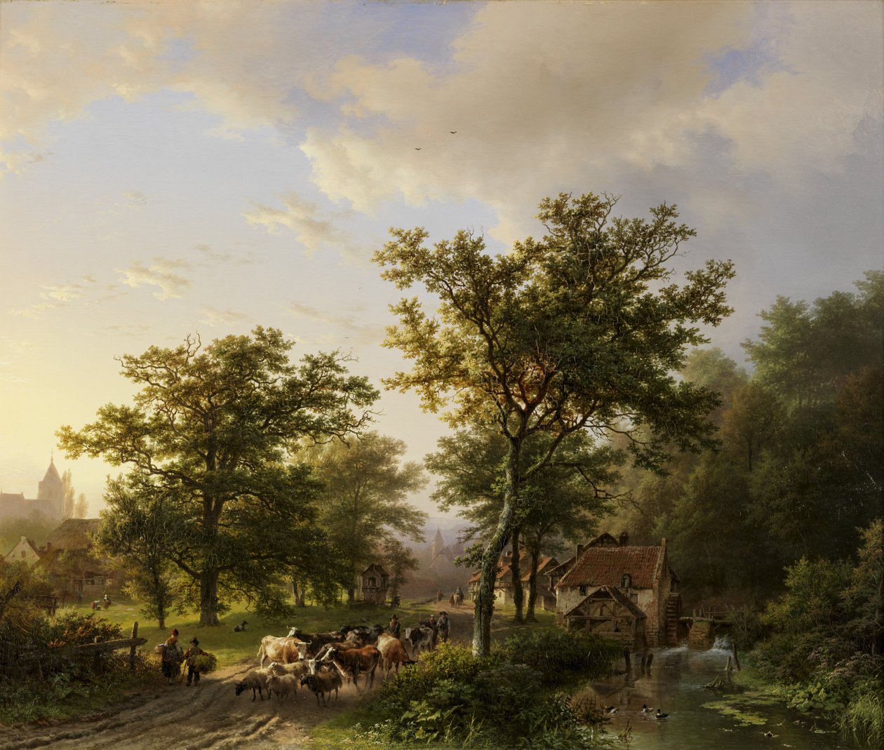 Landschap met watermolen en veedrijvende boeren av Barend Cornelis Koekkoek