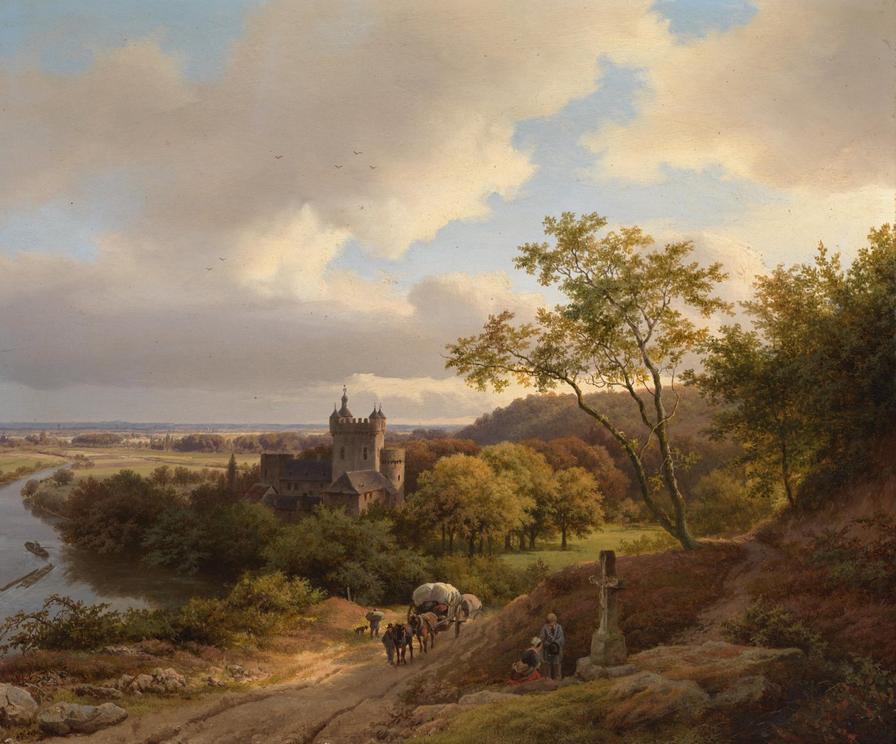 Ett slott bland träd vid en flod av Barend Cornelis Koekkoek