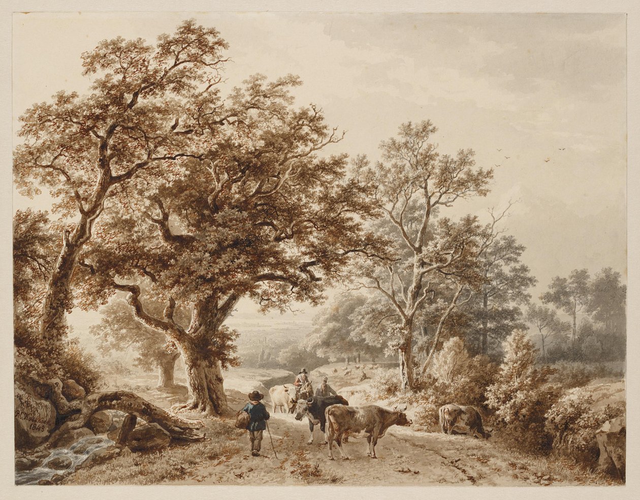 Ett landskap med tät ekskog, befolkat med boskap och figurer av Barend Cornelis Koekkoek