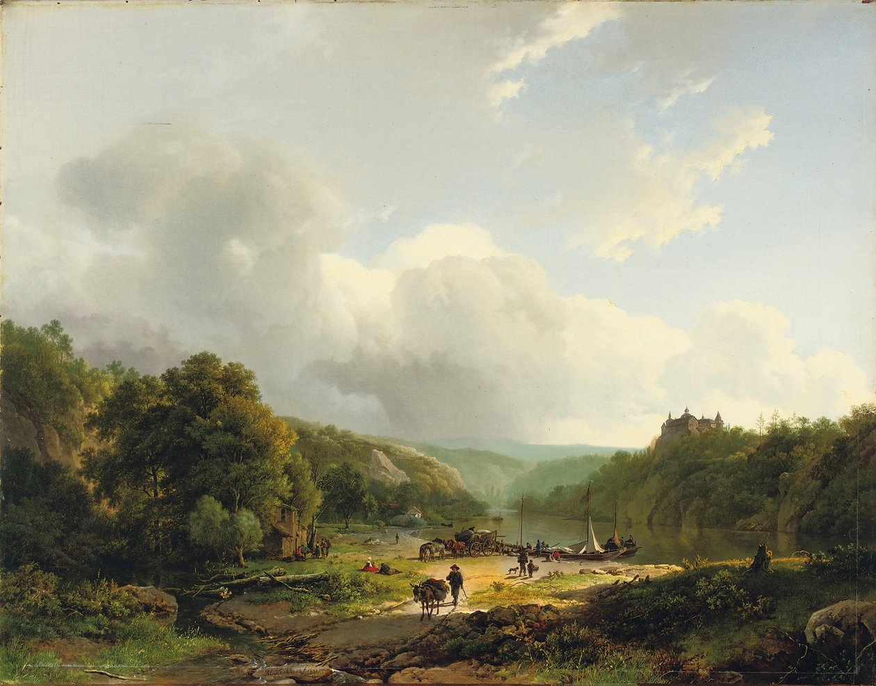 Lossning av pråmen i ett böljande landskap, 1831 av Barend Cornelis Koekkoek