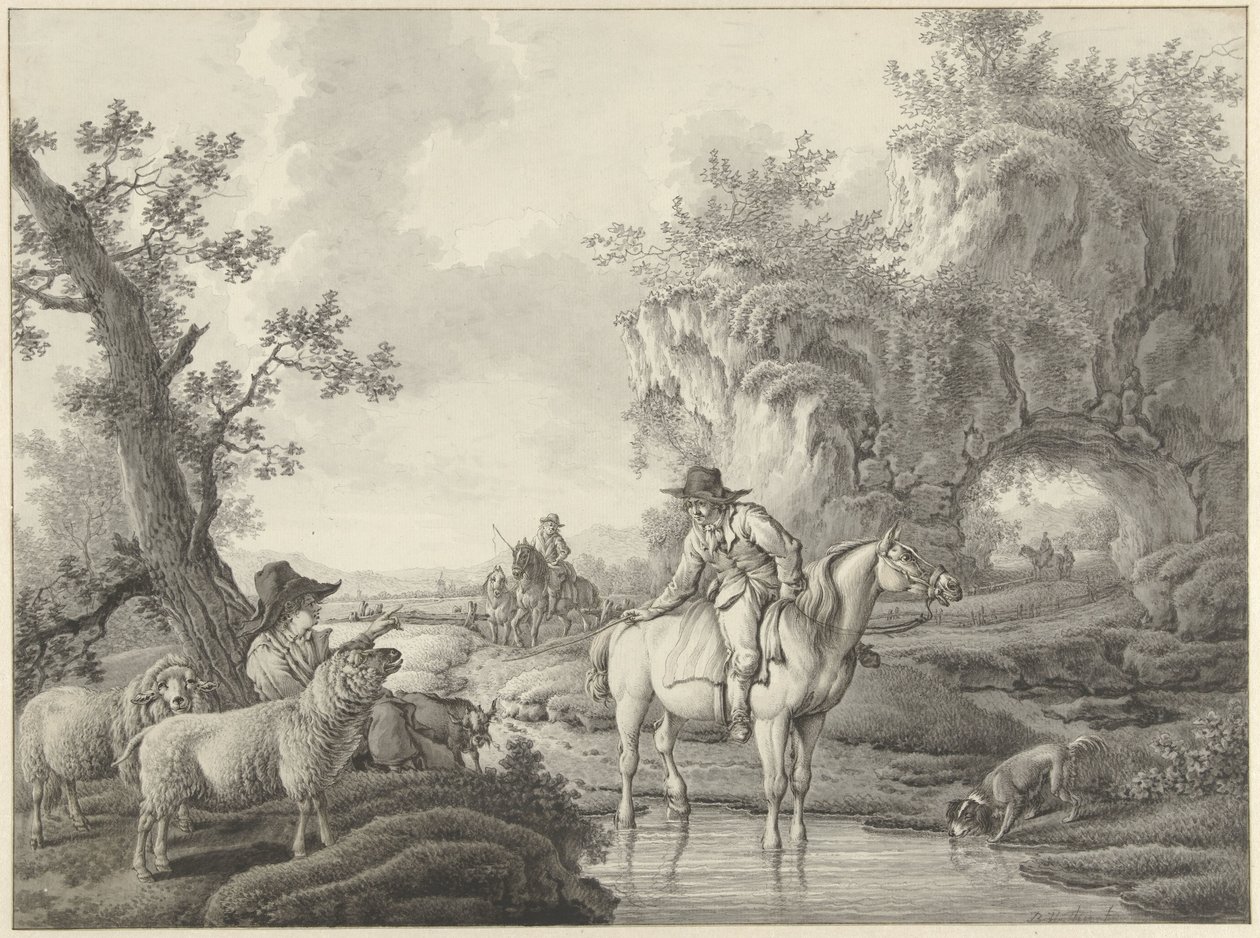 Landskap med en herde och en ryttare vid en pool av Barend Hendrik Thier