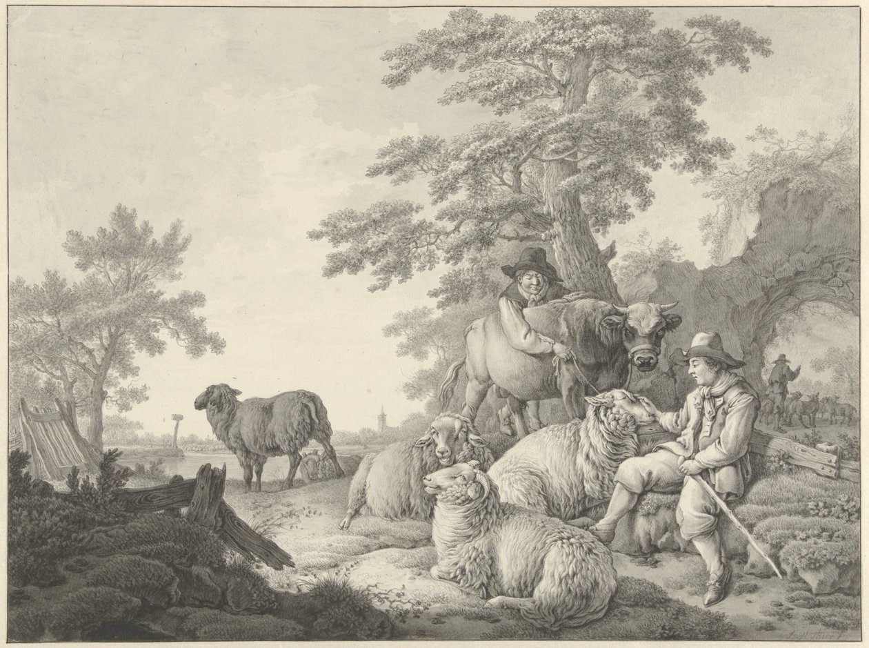Herde med får och en pojke med en ung tjur i ett landskap av Barend Hendrik Thier