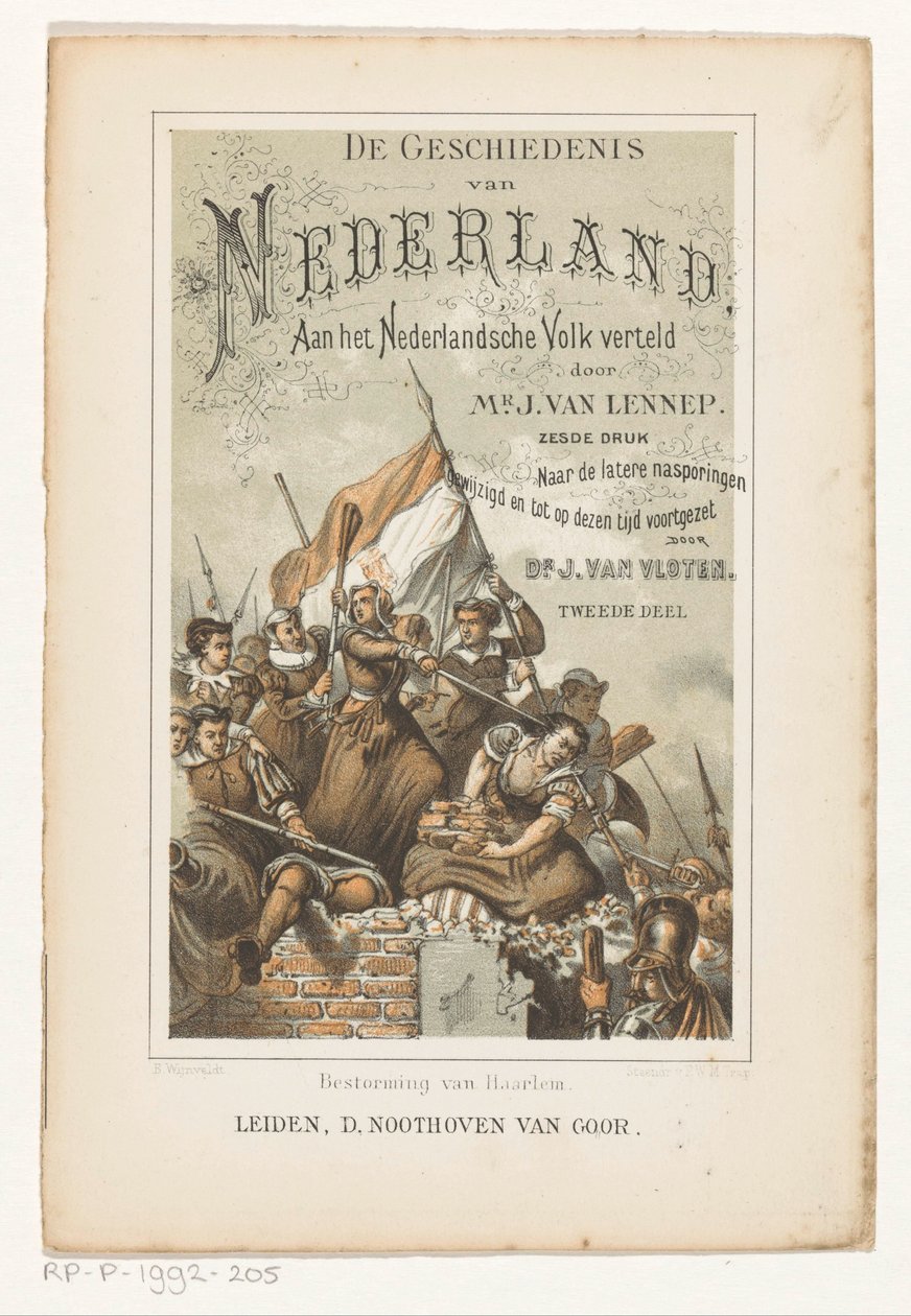 Storming of Haarlem (titel på objekt) Titelsida för: J. van Lennep och J. van Vloten, The History of the Netherlands, Told to the Dutch People, 1880 av Barend Wijnveld