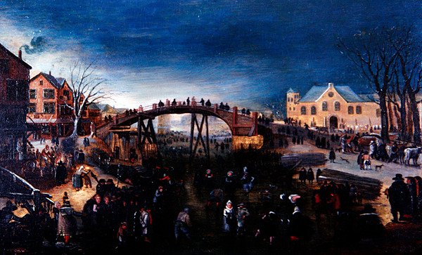 Ett vinterlandskap med konståkning och lek, ca 1640-50 (olja på panel) av Barent (follower of) Avercamp