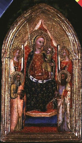 Madonna och barn tronade med St. Bartholomew och andra heliga av Bargello Master