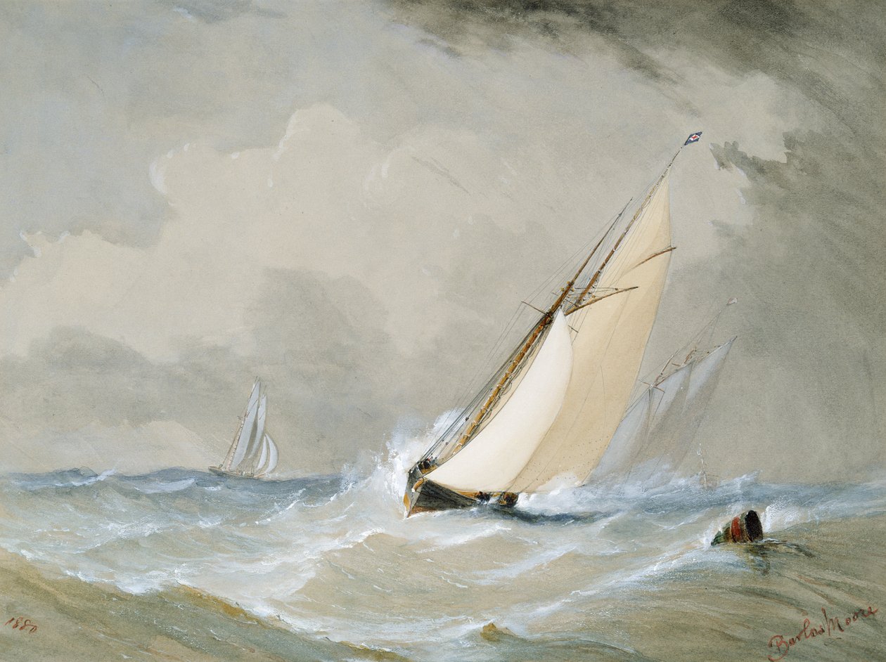 Miranda arbetar in från Weilingen Light Ship in a Heavy Wind - Oostende 1880 av Barlow Moore