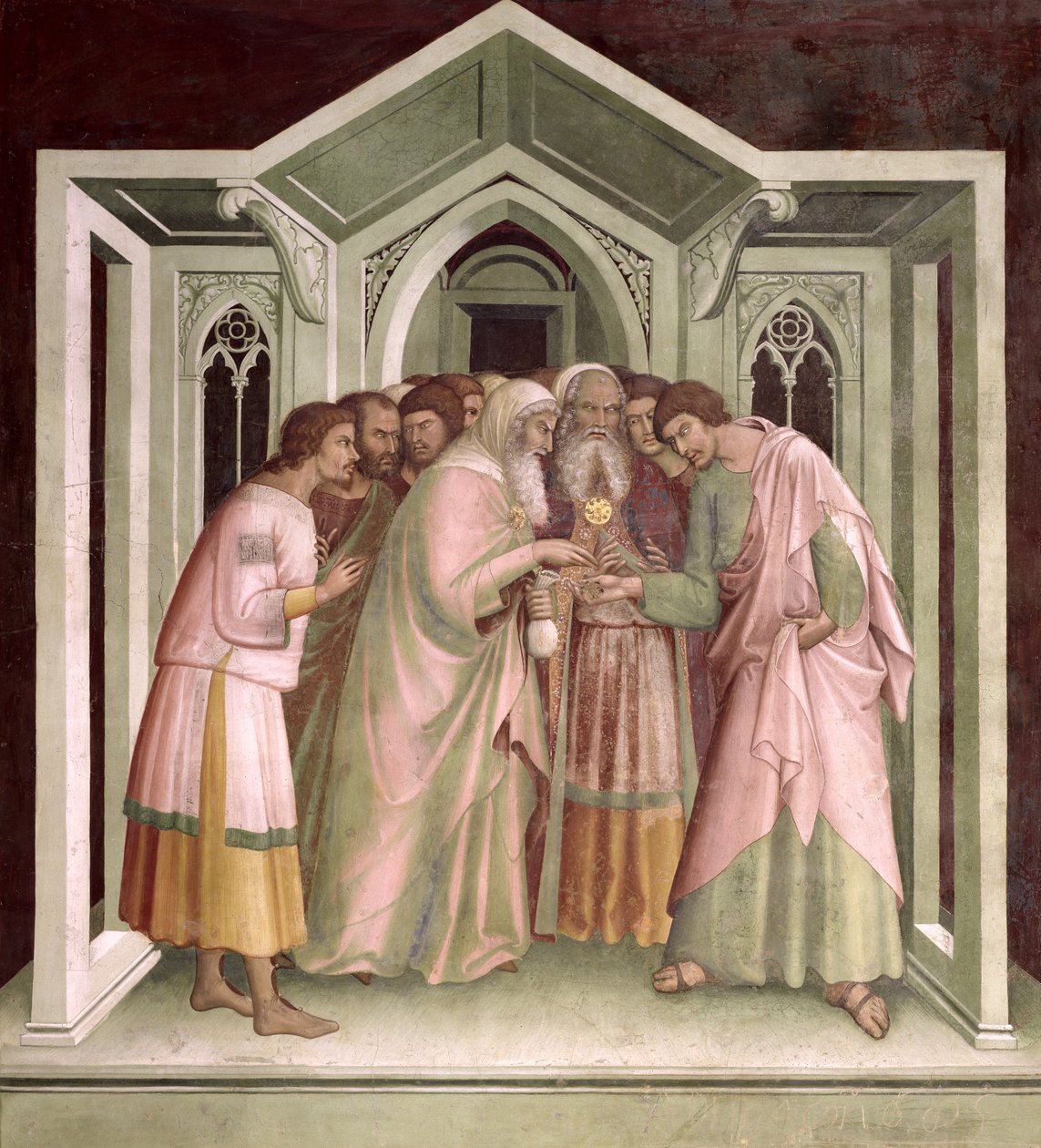 Judas tar emot betalning för sitt svek, från en serie scener i Nya testamentet av Barna da Siena