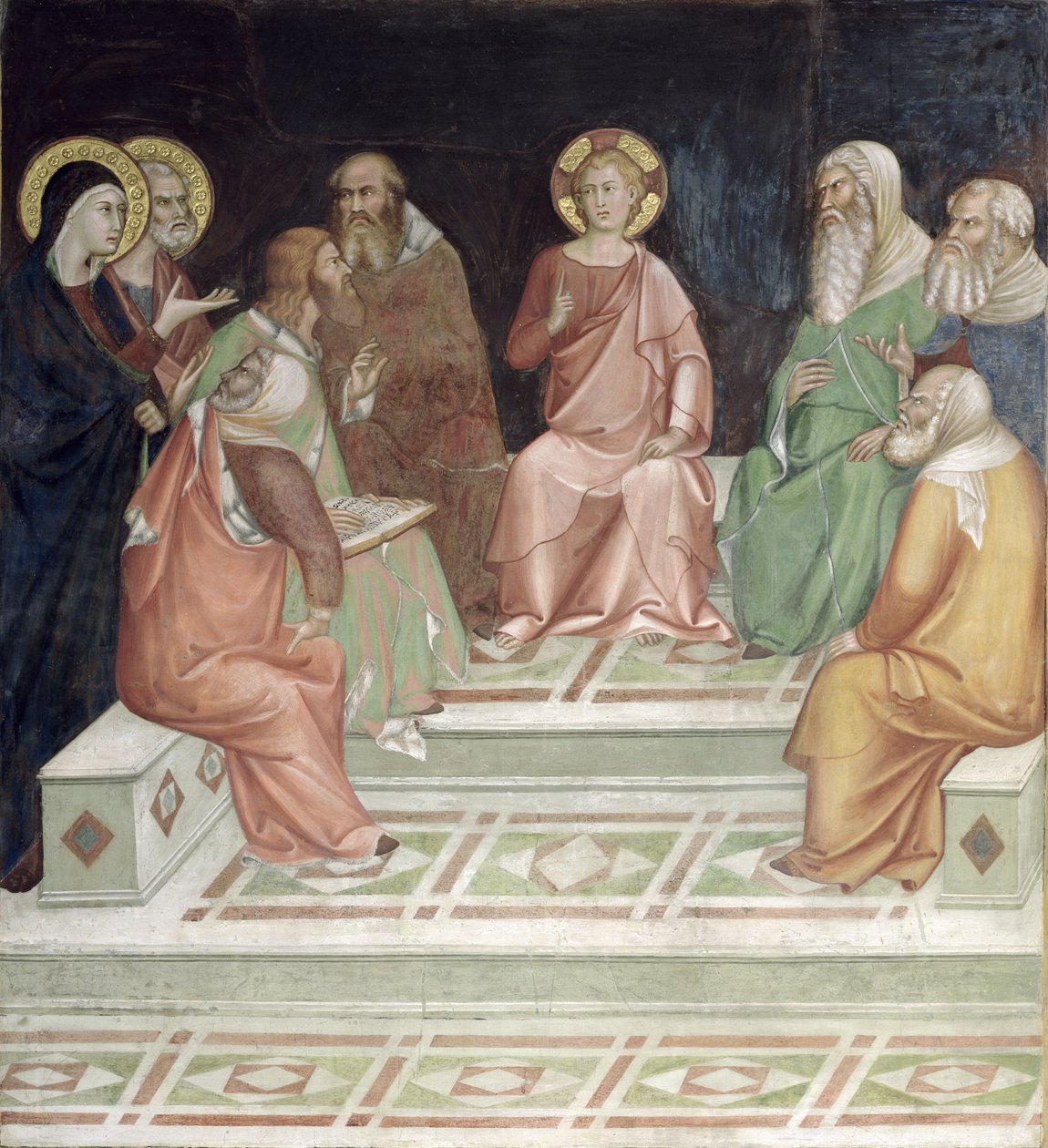 Jesus med läkarna, från en serie scener i Nya testamentet (fresk) av Barna da Siena