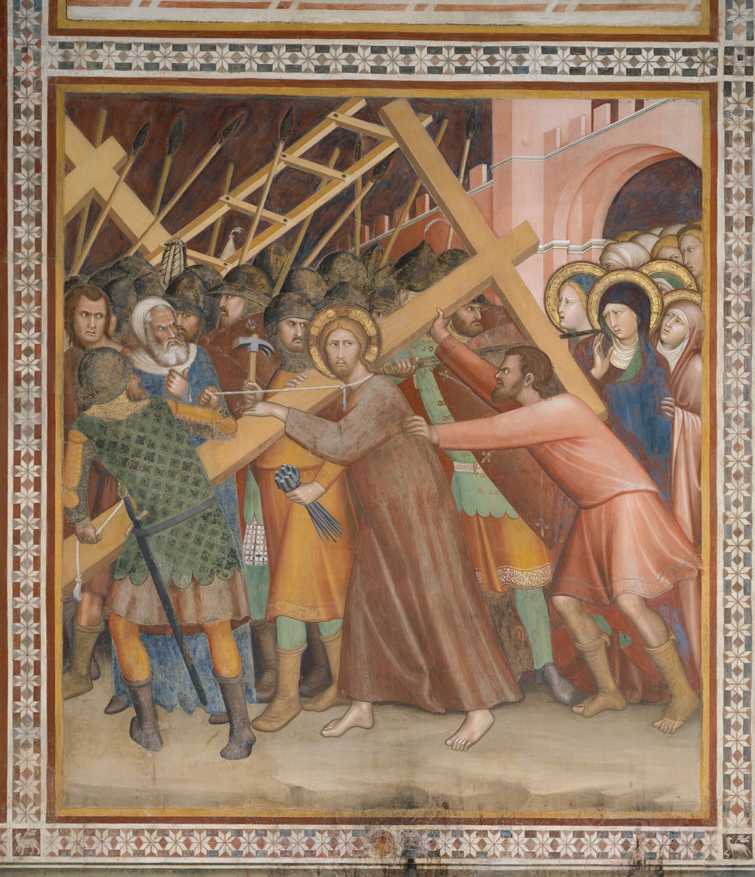 Scen från Nya testamentet: Att bära korset (fresk) av Barna da Siena