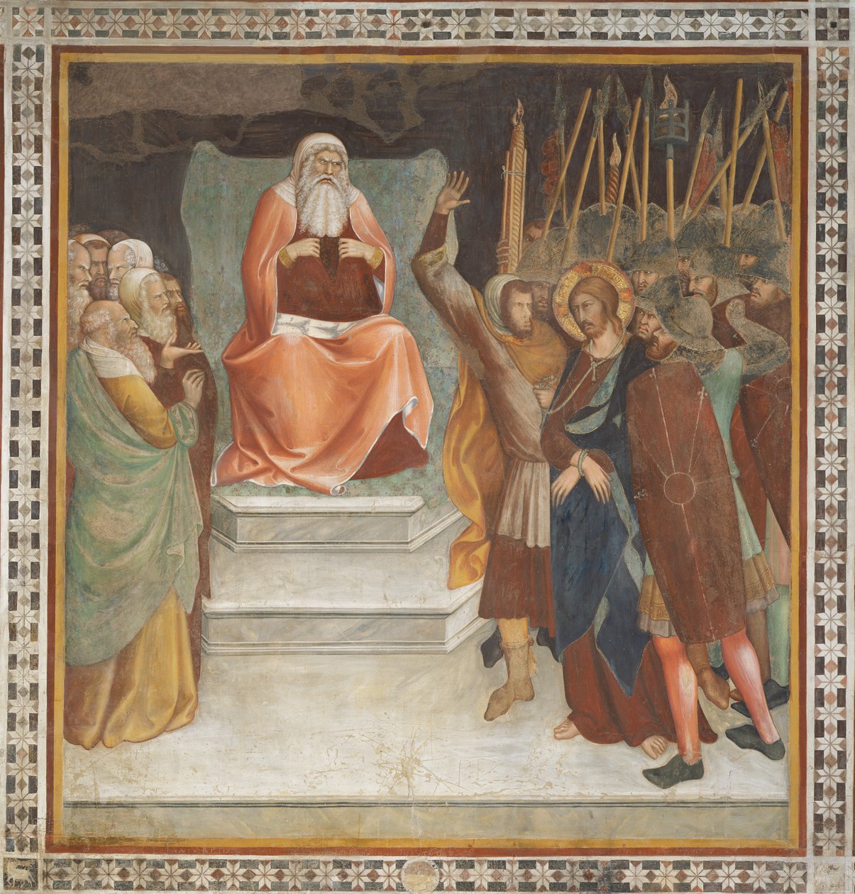 Scen från Nya testamentet: Jesus före Kaifas (fresk) av Barna da Siena