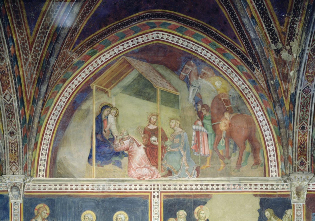 De vise kungarnas tillbedjan, från en serie scener ur Nya testamentet av Barna da Siena