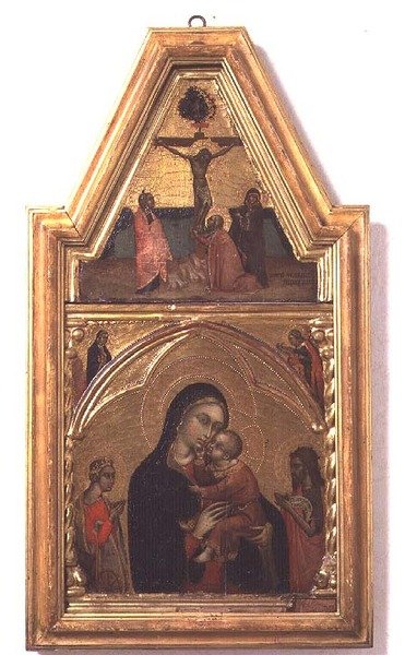 Madonna och barn med Johannes Döparen och Katarina, med korsfästelsescen ovanför av Barnaba da Modena