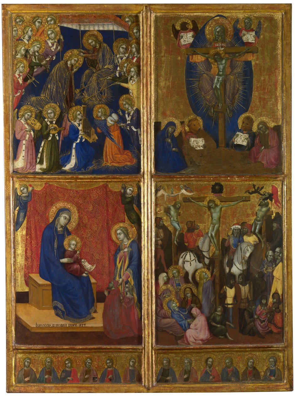 Jungfruns kröning. Treenigheten. Jungfrun och barnet med donatorer. Korsfästelsen. De tolv apostlarna, 1374 av Barnaba da Modena